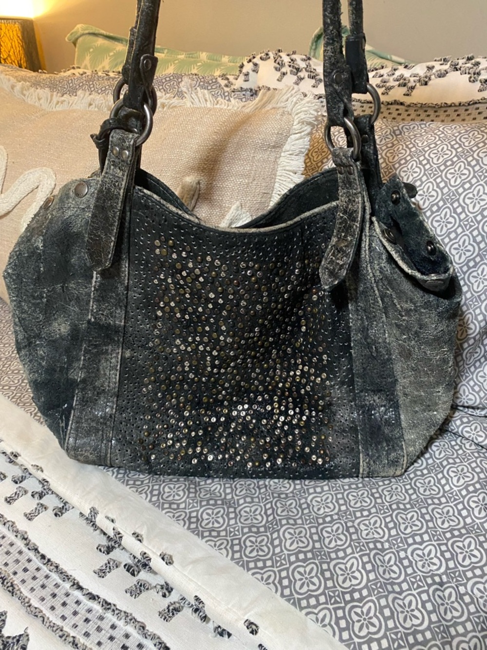 Vtg Frye Gun Deborah Metal distressed Studded tote bag!